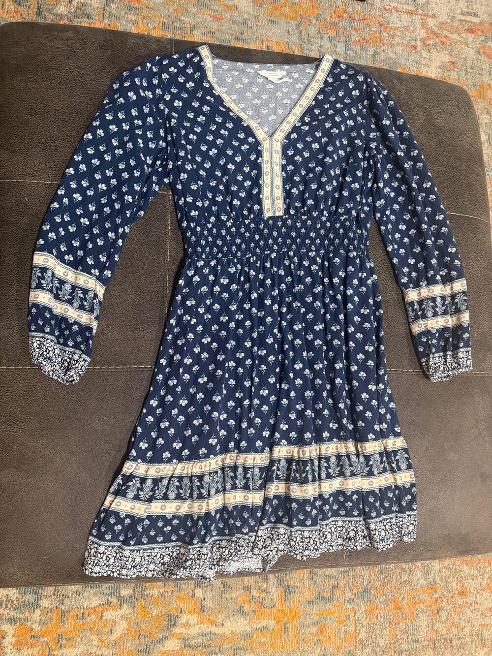 Lucky Brand Border Floral Print Long Sleeve Dress size large